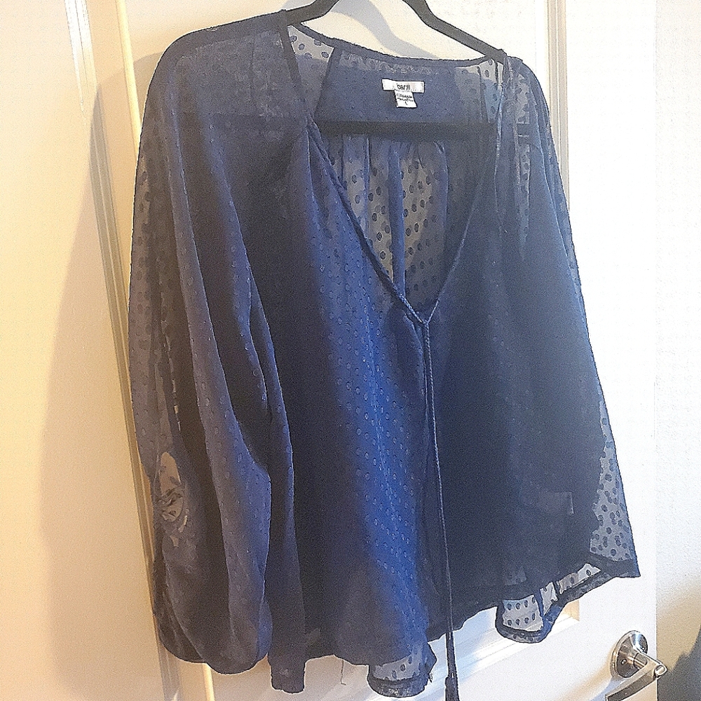 Navy Blue Sheer Polka Dot Blouse